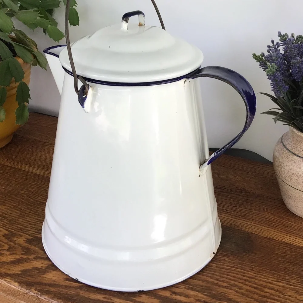 Vintage Enamel White & Blue Coffee Pot & Lid Kettle Enamelware Rustic Antique